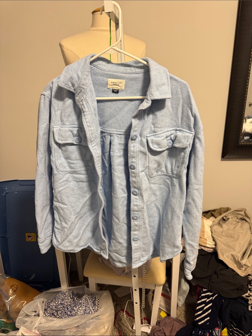 American Eagle Outfitters Pale Blue Button-Front Overshirt